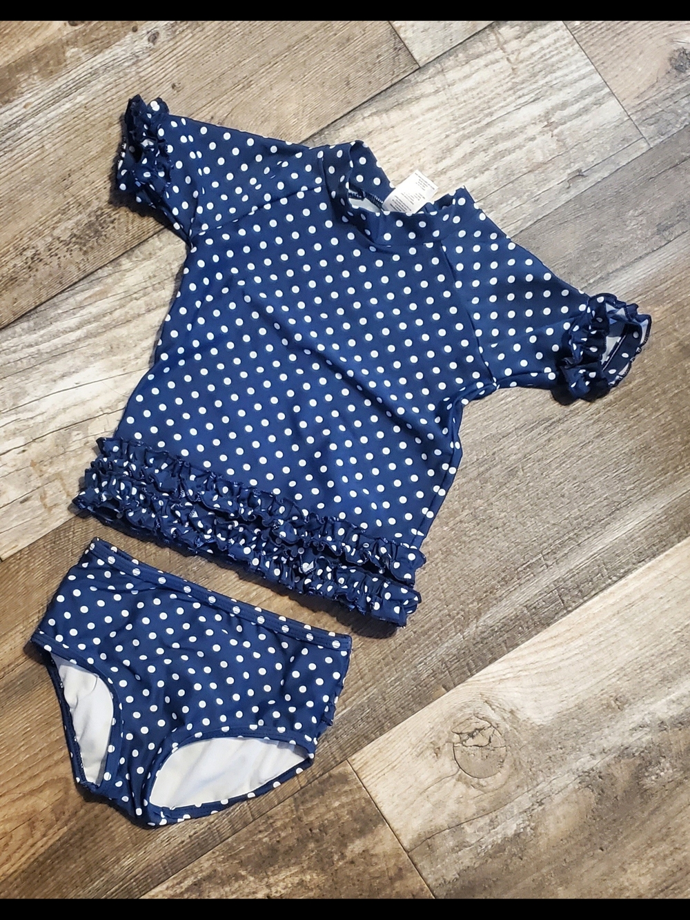 Ruffle Butts Navy Blue & White Polka Dot Rash Guard Set 3T